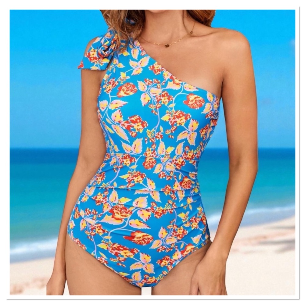 Grace Karin Blue Floral One Shoulder Swimsuit